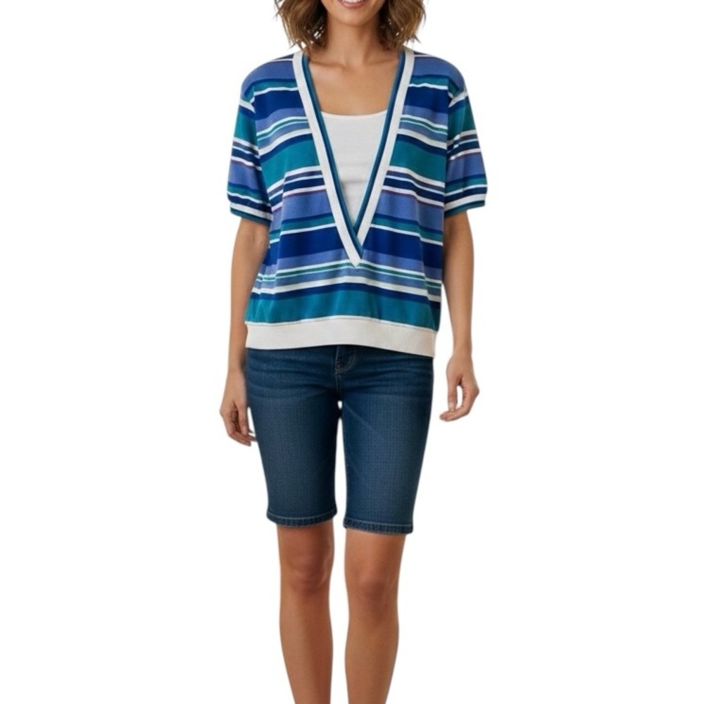 Vintage Retro Varsity Stripe Top Vneck Blue Green S 80s White Jantzen Relax Fit